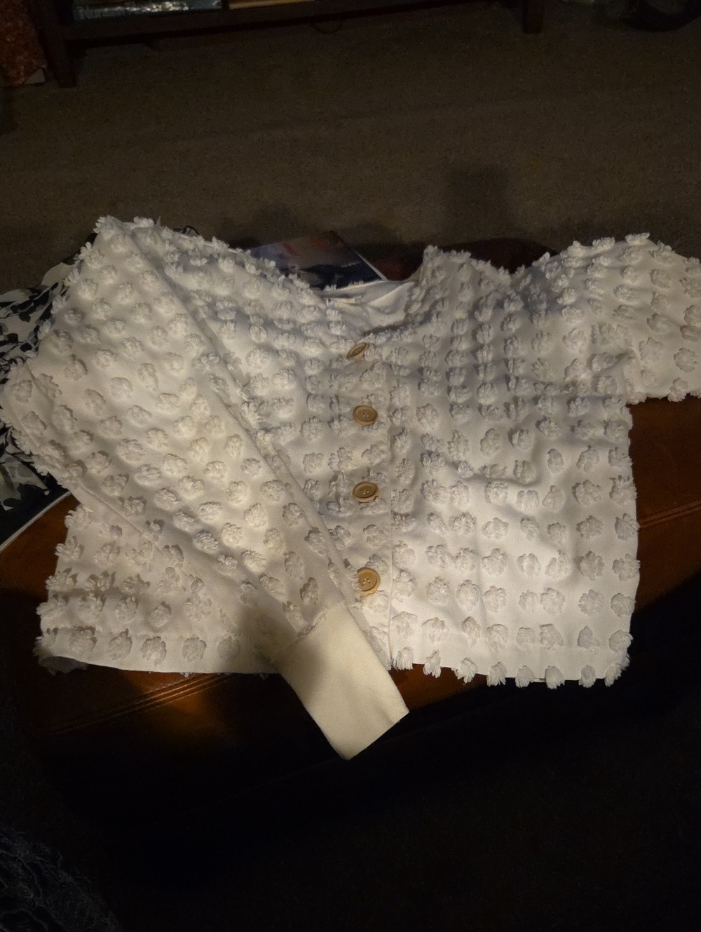 This Chenille Terri-cloth White tuffed bolero length JACKET is soft & and versat